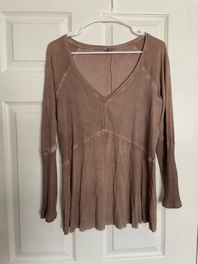 POL Women's Boho V-Neck Long Sleeve Tunic Top-Taupe Mineral Wash Size Small